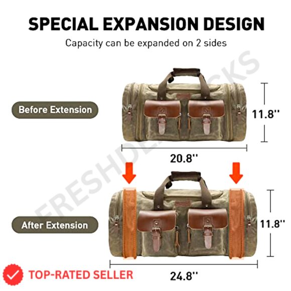 Waxed Canvas Travel Duffle Bag Waterproof Weekender Overnight Carry-On - Picture 3 of 7